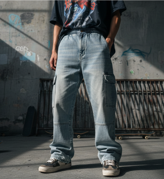 Heyfanee Mens Baggy Cargo Jeans Loose Fit Elastic Waist Grunge Bootcut Jeans for Men Skater Streetwear Light Wash 34