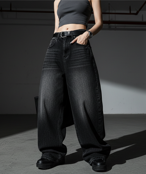 Black Baggy Washed Jeans with Vintage Style
