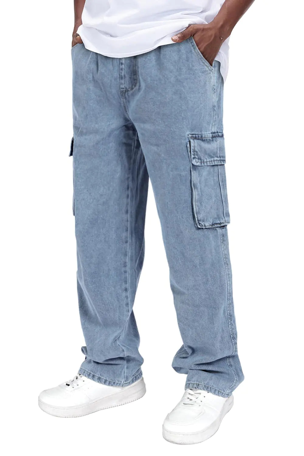 Heyfanee Mens Baggy Cargo Jeans Loose Fit Elastic Waist Grunge Bootcut Jeans for Men Skater Streetwear Light Wash 34