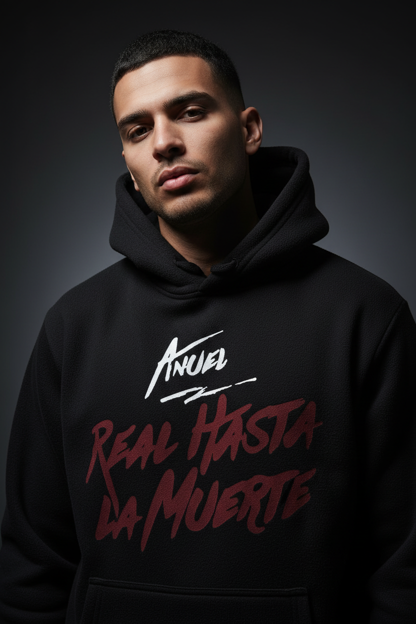Cinematic Face and Torso Shot Anuel AA Hoodie